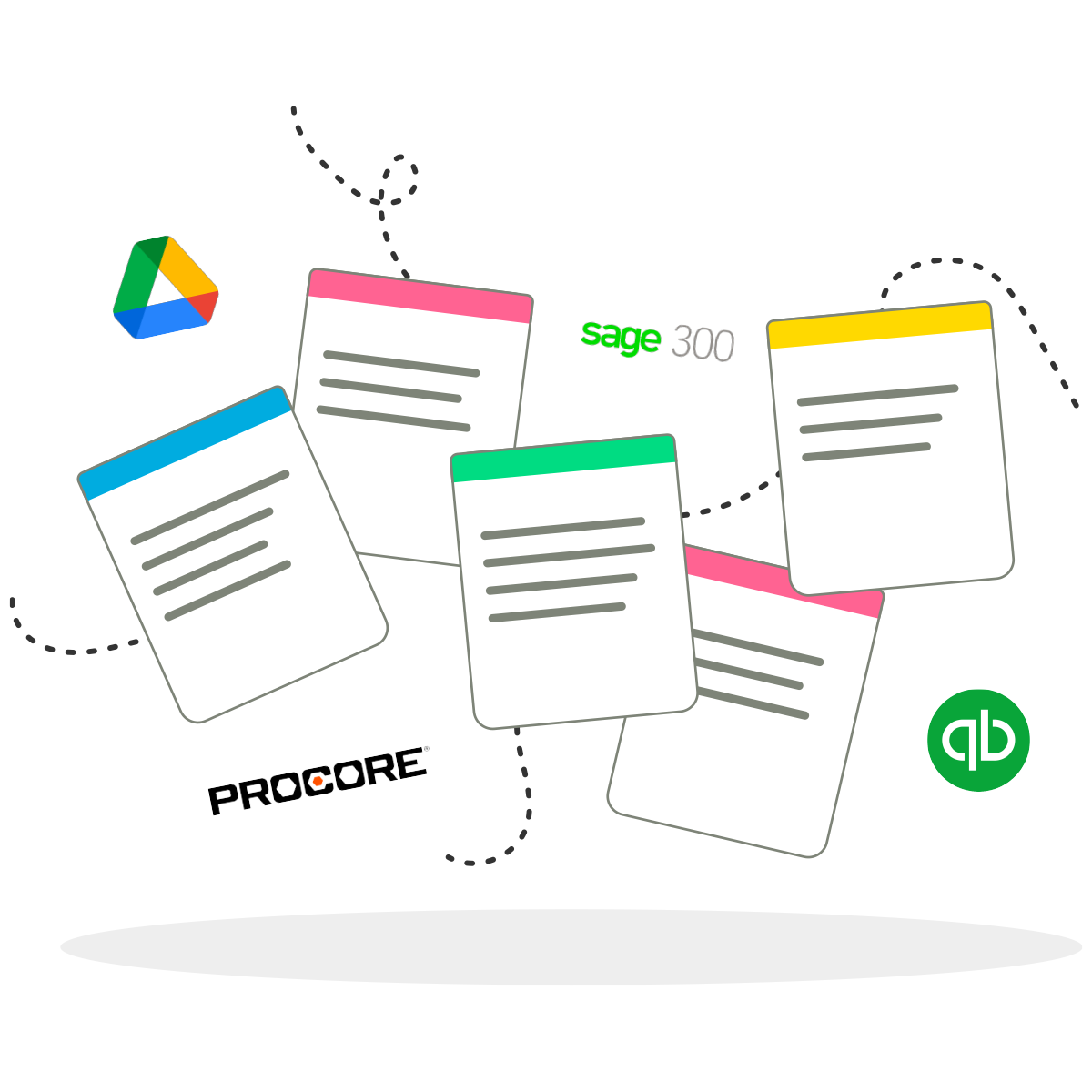 An unsorted pile of preconstruction files: RFPs, plans, addenda and sub quotes scattered across tools and inboxes