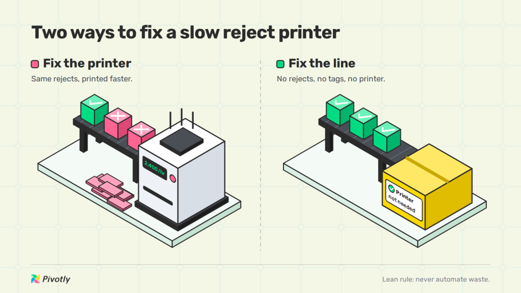 Two ways to fix a slow reject printer: a faster printer that piles up reject tags, or a fixed line where good parts ship and no printer is needed
